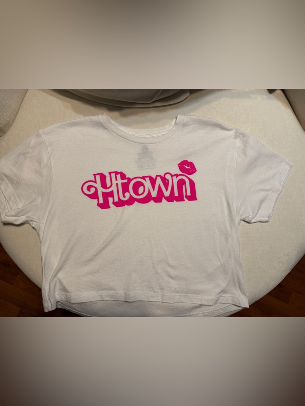 White Htown Graphic Crop Top with Pink Logo